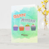 Happy Birthday Cupcakes op Waterverf Blue Custom Kaart (Gele Bloem)