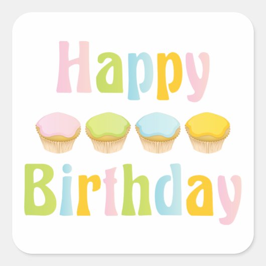 Happy Birthday Cupcakes Vierkante Sticker (Voorkant)