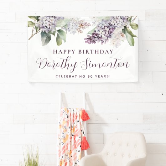 Happy Birthday Custom Banner Paarse Bloemen 80e (Insitu)