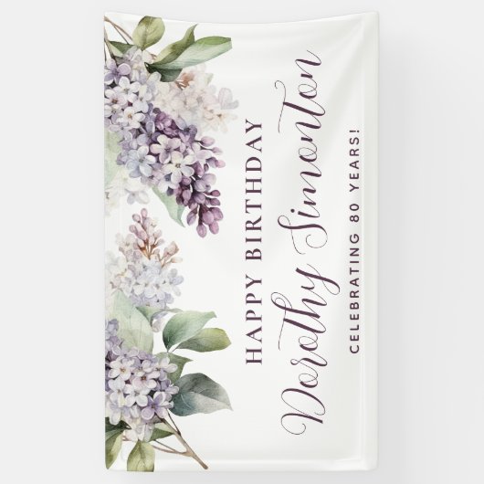 Happy Birthday Custom Banner Paarse Bloemen 80e (Verticaal)