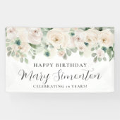 Happy Birthday Custom Banner Witte Bloemen 19e (Horizontaal)