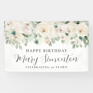 Happy Birthday Custom Banner Witte Bloemen 50ste