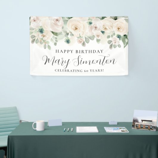 Happy Birthday Custom Banner Witte Bloemen 60e (Beurs)