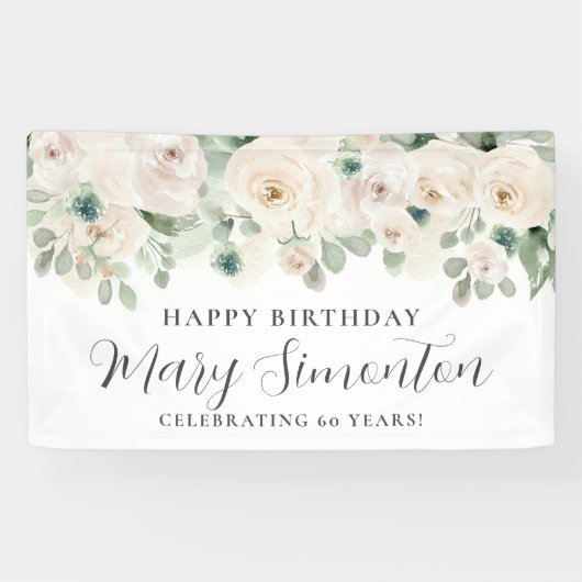 Happy Birthday Custom Banner Witte Bloemen 60e (Horizontaal)