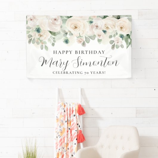 Happy Birthday Custom Banner Witte Bloemen 70e (Insitu)