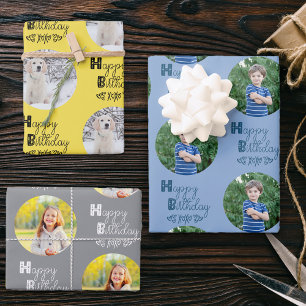 Happy Birthday Custom Fotoset van 3 Blauw Geel Inpakpapier Vel
