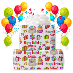 Happy Birthday Custom Name Cute en Colorful Cadeaupapier