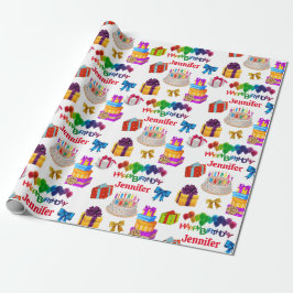 Happy Birthday Custom Name Cute en Colorful Cadeaupapier