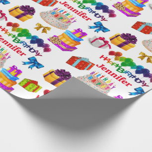 Happy Birthday Custom Name Cute en Colorful Cadeaupapier
