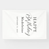 Happy Birthday Custom Name Zwart Wit Spandoek (Horizontaal)