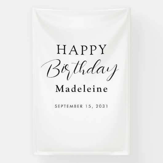 Happy Birthday Custom Name Zwart Wit Spandoek (Verticaal)