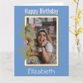 Happy Birthday Custom Photo Blue Border Kaart (Gele Bloem)