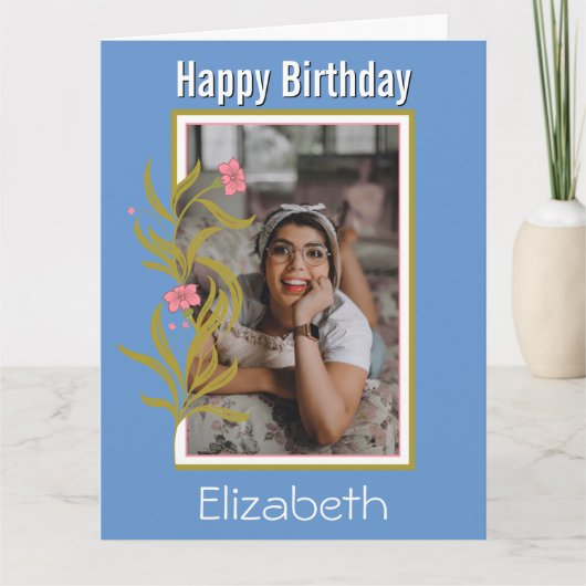 Happy Birthday Custom Photo Blue Border Kaart (Voorkant)