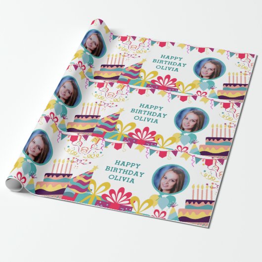 Happy Birthday Custom Photo Text Aangepast Cadeaupapier (Uitgerold)