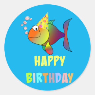 Happy Birthday, Cute and Colorful Fish Design Ronde Sticker