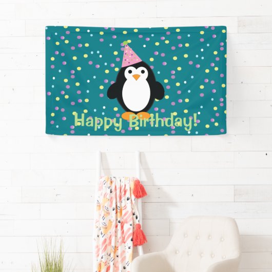 Happy Birthday Cute Cartoon Party Penguin Spandoek (Insitu)
