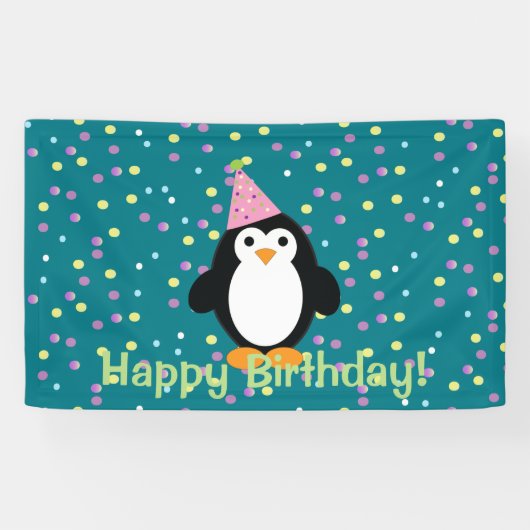 Happy Birthday Cute Cartoon Party Penguin Spandoek (Horizontaal)