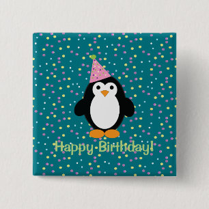 Happy Birthday Cute Cartoon Party Penguin Vierkante Button 5,1 Cm
