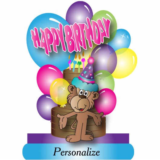 Happy Birthday Cute Monkey Cutout Staand Fotobeeldje (Voorkant)