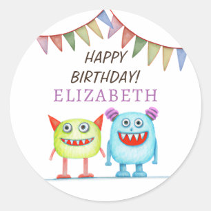 Happy Birthday Cute Monsters Ronde Sticker