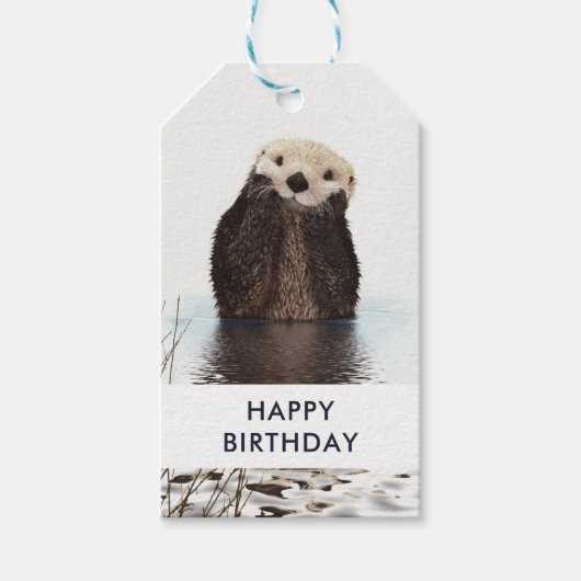 Happy Birthday Cute otter Foto Cadeaulabel (Voorkant)