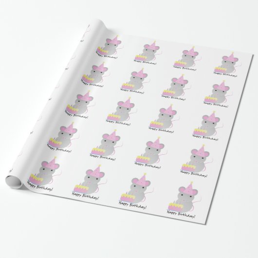 Happy Birthday Cute Parrty Mouse Cadeaupapier (Uitgerold)