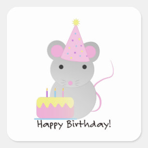 Happy Birthday Cute Parrty Mouse Vierkante Sticker