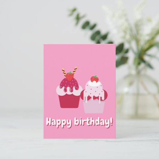 Happy Birthday - Cute Pink Strawberry Shortcakes Briefkaart (Staand voorkant)