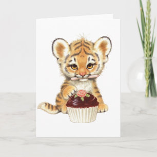 Happy Birthday - Cute Tiger met Cupcake Kaart