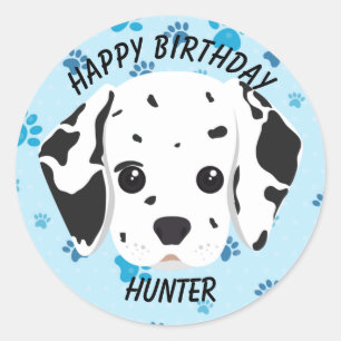Happy Birthday Dalmatian Puppy Blue Paw Print Ronde Sticker