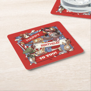 Happy Birthday Dierensport Fans Zwaaien met Cartoo Vierkante Kartonnen Onderzetter