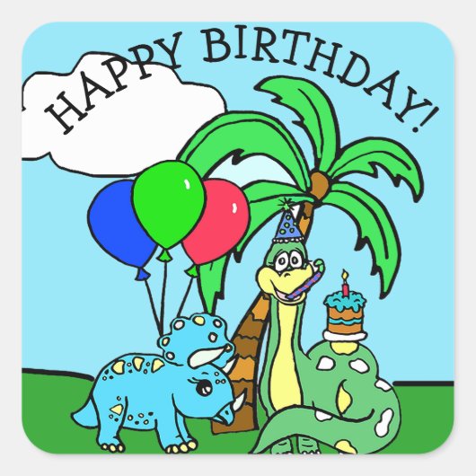 Happy Birthday Dinosaurs Vierkante Sticker (Voorkant)