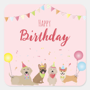 Happy Birthday Dog Party Vierkante Sticker