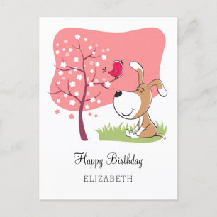 Happy Birthday Dog Puppy Bird Flower Blooming Pink Briefkaart