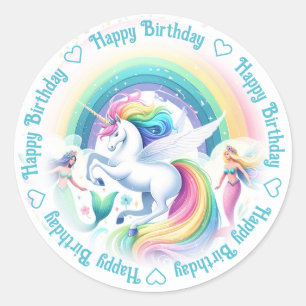 Happy Birthday Eenhoorn en Zeemeerminnen Ronde Sticker