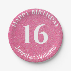Happy Birthday Eigen naam Leeftijd Jaar Roze Glitt Papieren Bordje