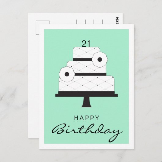 Happy Birthday Elegant Black en White Cake Mint Briefkaart (Voorkant / Achterkant)