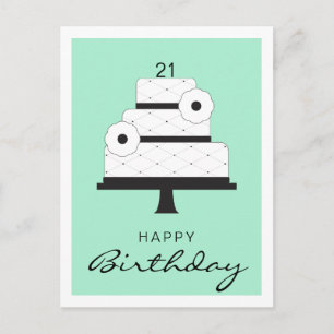 Happy Birthday Elegant Black en White Cake Mint Briefkaart