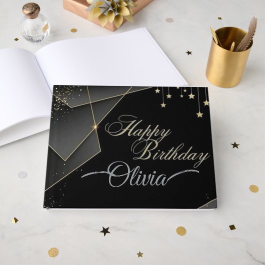 Happy Birthday– Elegant Black & Gold Birthday Gastenboek (Voorkant open)