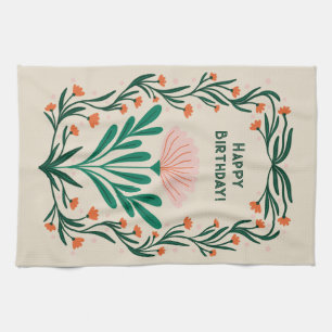 Happy Birthday Elegant Bloemen Lijst Theedoek