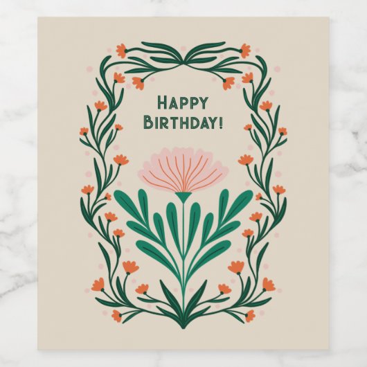Happy Birthday Elegant Bloemen Lijst Wijn Etiket (Enkel label)