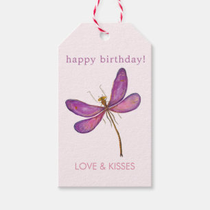 Happy Birthday - Elegant Paarse Dragonfly Cadeaulabel