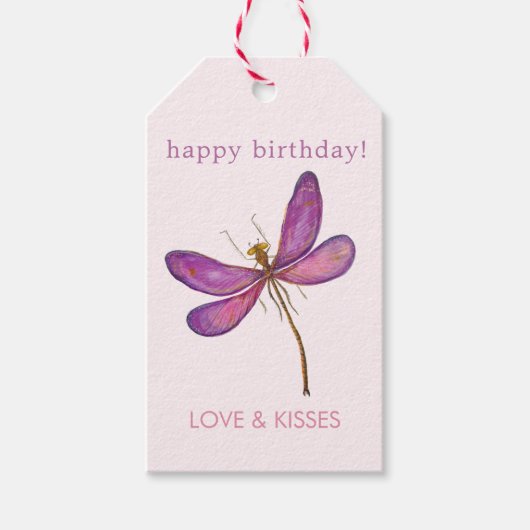 Happy Birthday - Elegant Paarse Dragonfly Cadeaulabel (Voorkant)