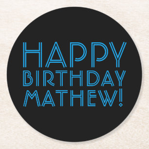 Happy Birthday (ELKE NAAM) Blauw en zwart (of di Ronde Kartonnen Onderzetter