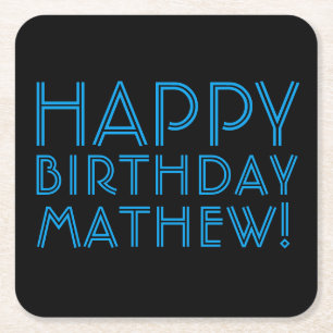 Happy Birthday (ELKE NAAM) Blauw en zwart (of di Vierkante Kartonnen Onderzetter