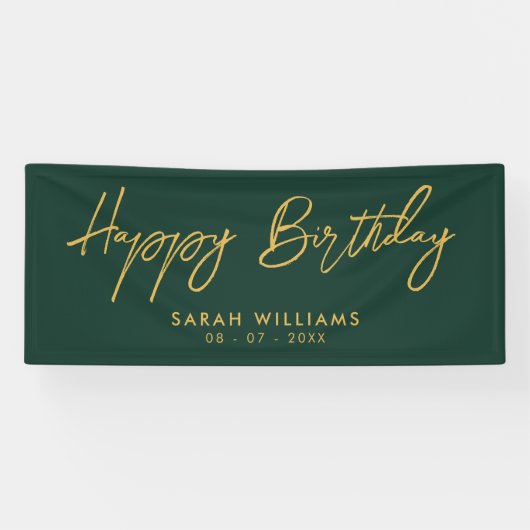 Happy Birthday Emerald Green Gold Modern Script Spandoek (Horizontaal)