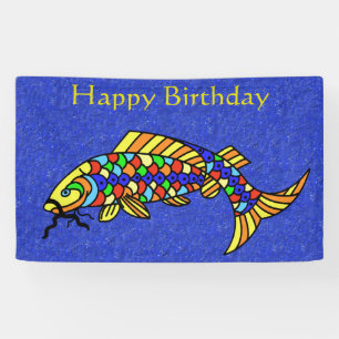 Happy Birthday Fancy vis Kleurrijke schalen Blauw Spandoek