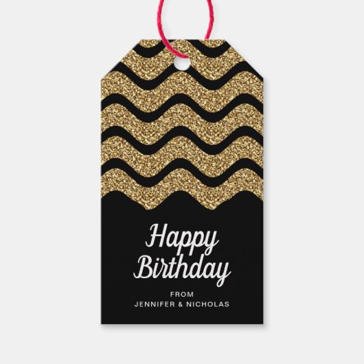 Happy Birthday Faux Gold Glitter Black Cadeaulabel (Voorkant)