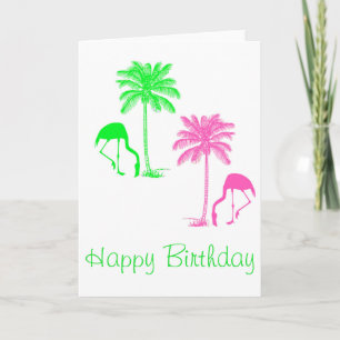 Happy Birthday Flamingo's Palmbomen Roze Groen Kaart