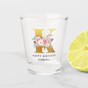 Happy Birthday Floral Monogram K Persoonlijke naam Shot Glas